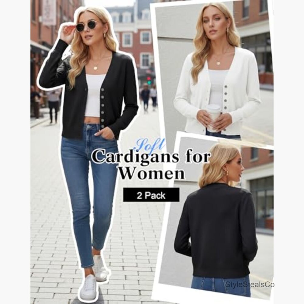 Lightweight Cropped Cardigan Set, V-Neck Button Down Long Sleeve Knit Sweaters - Picture 4 of 7